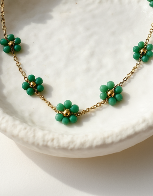 Dainty Gold & Teal Flower Beaded Choker Necklace