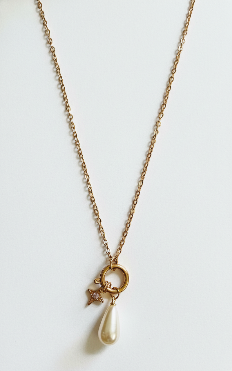 Stainless Steel Gold Chain Necklace with Star & Teardrop Pearl