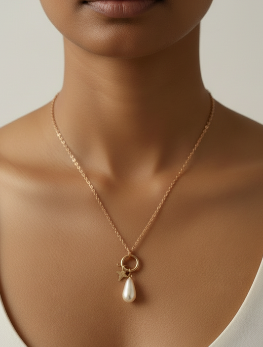 Stainless Steel Gold Chain Necklace with Star & Teardrop Pearl