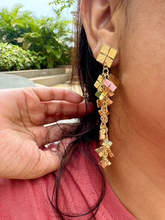 Golden Cube Cascade Drop Earrings
