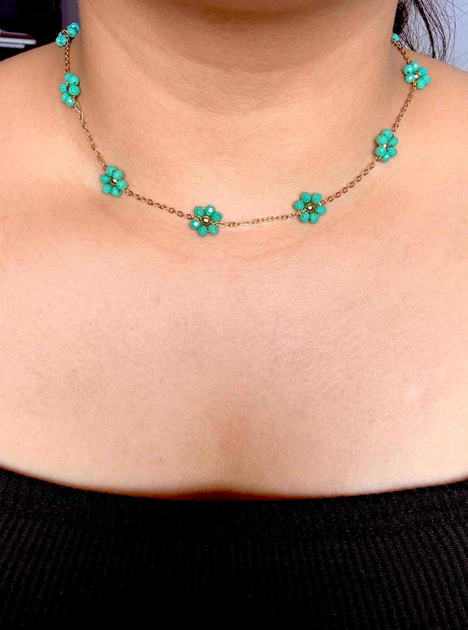 Dainty Gold & Teal Flower Beaded Choker Necklace