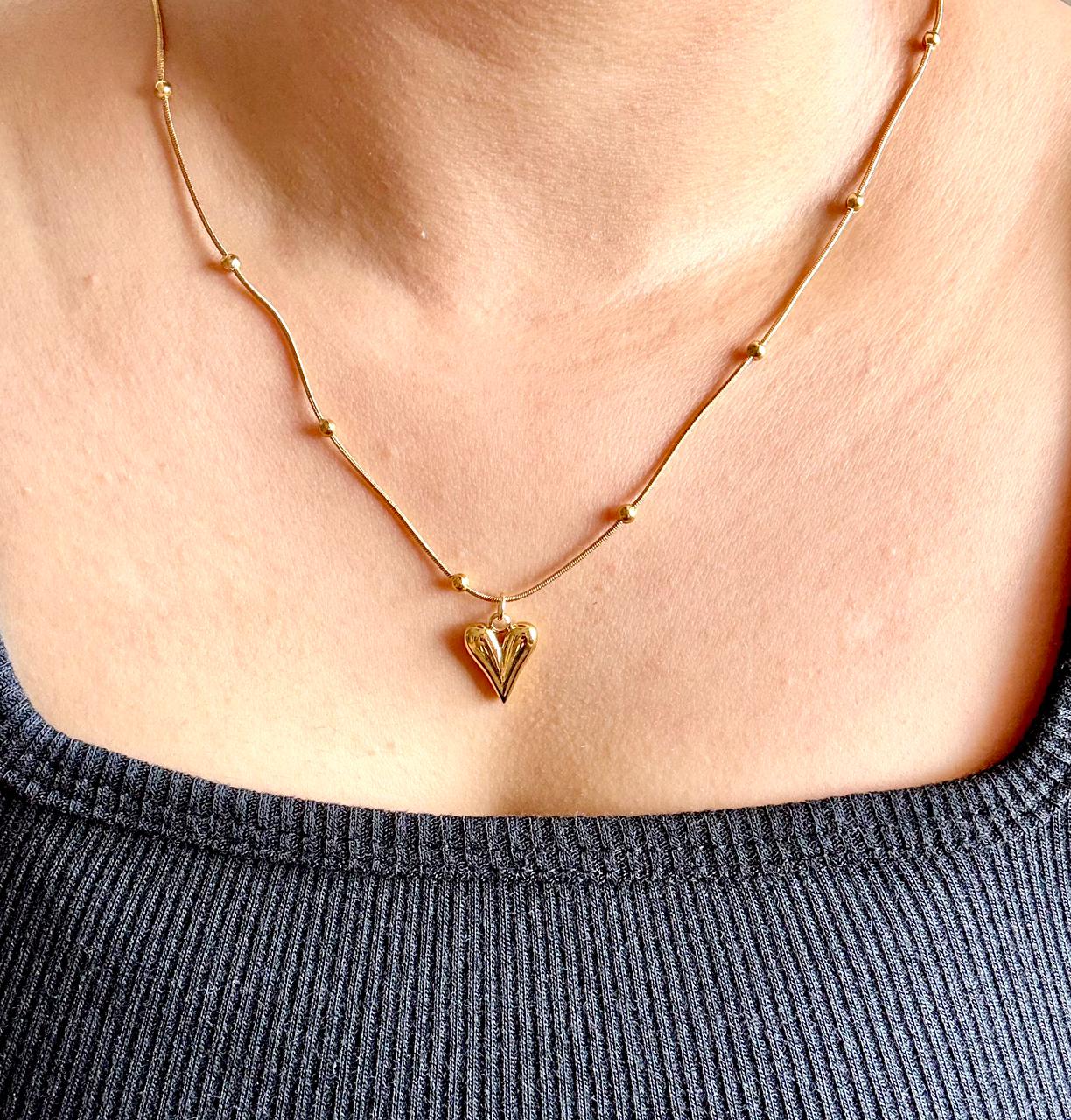 Gold Puffy Heart Pendant Necklace