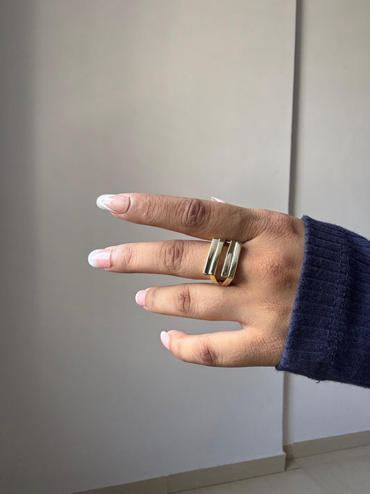Gold Striped Square Statement Ring