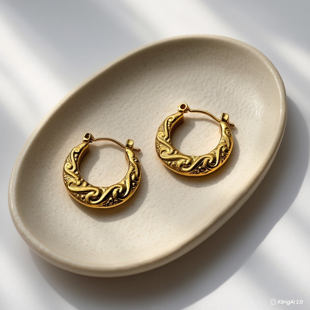 Vintage Style Engraved Gold Hoops