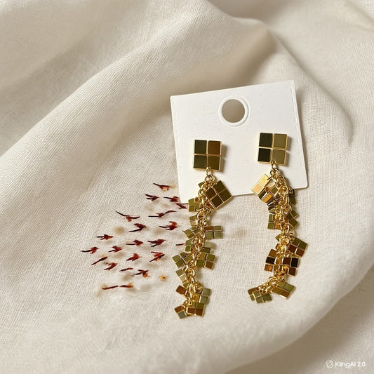 Golden Cube Cascade Drop Earrings