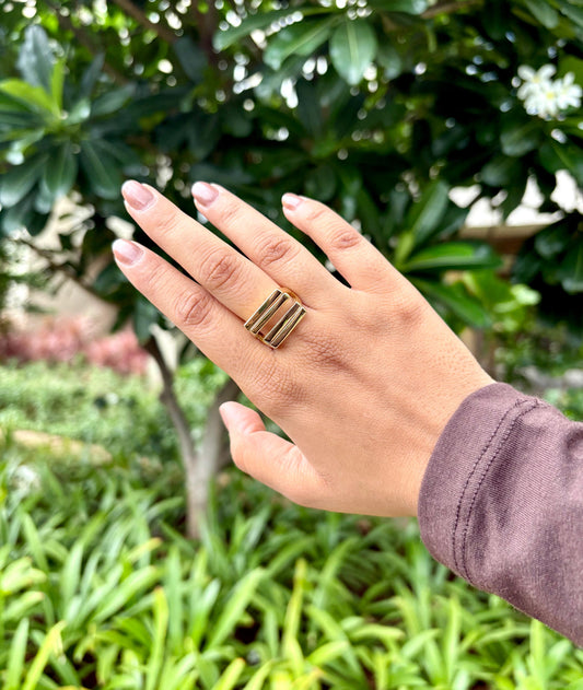 Gold Striped Square Statement Ring