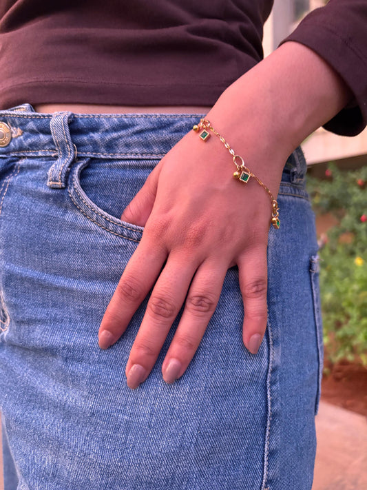 Emerald Green Charm Gold Chain Bracelet