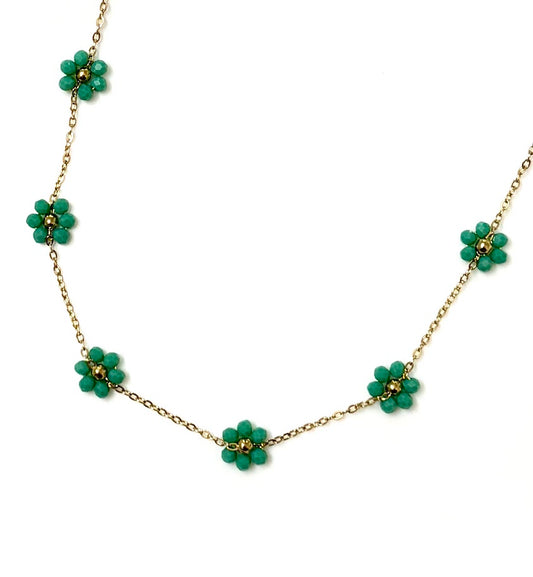 Dainty Gold & Teal Flower Beaded Choker Necklace