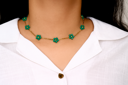 Dainty Gold & Teal Flower Beaded Choker Necklace