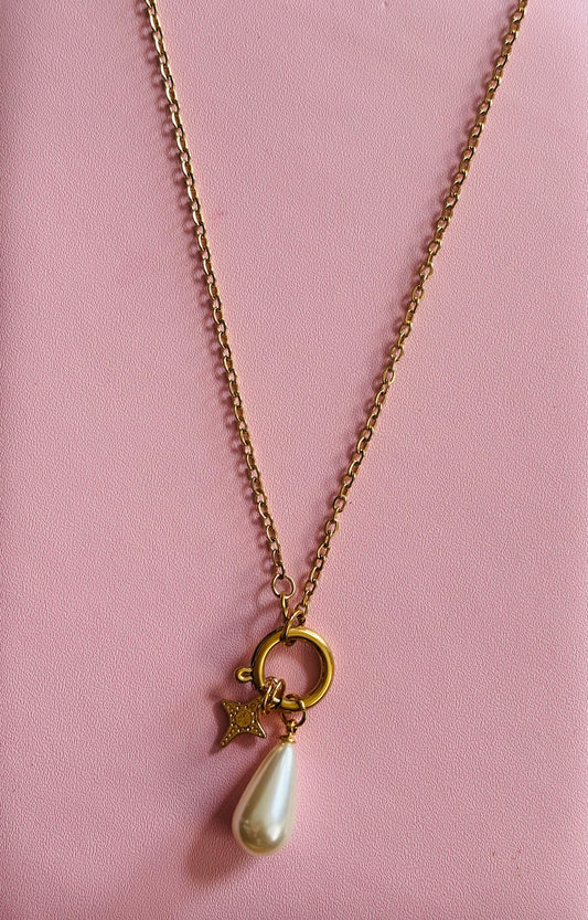 Stainless Steel Gold Chain Necklace with Star & Teardrop Pearl