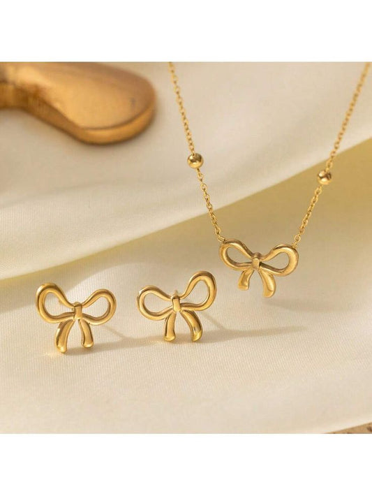 Gold Bow Necklace and Earring Set