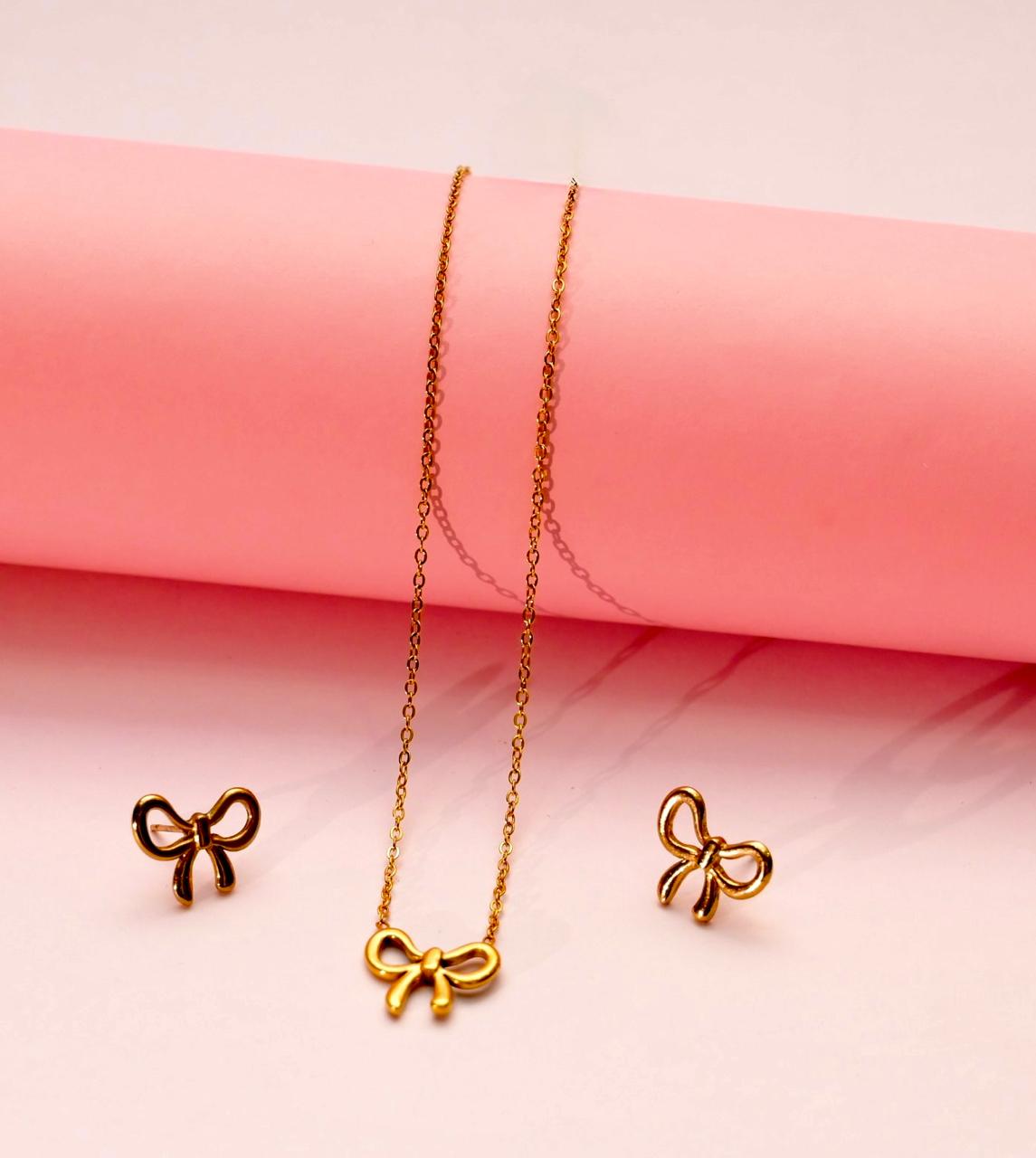 Gold Bow Necklace and Earring Set