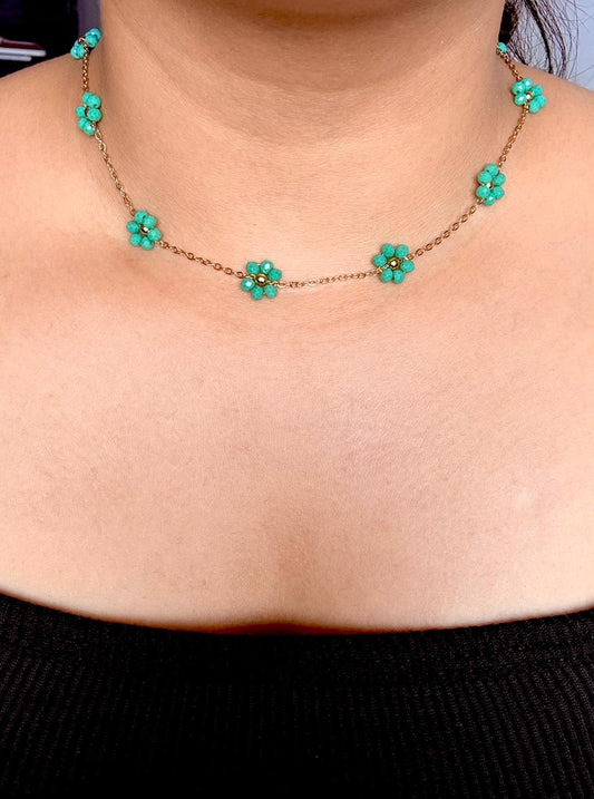 Dainty Gold & Teal Flower Beaded Choker Necklace