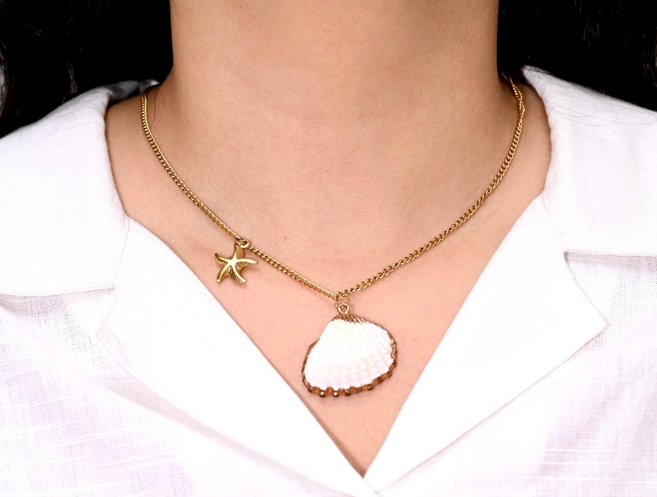 Gold Seashell & Starfish Necklace