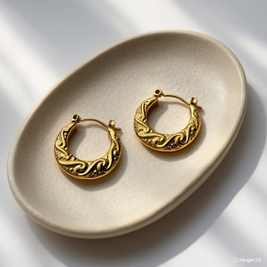 Vintage Style Engraved Gold Hoops